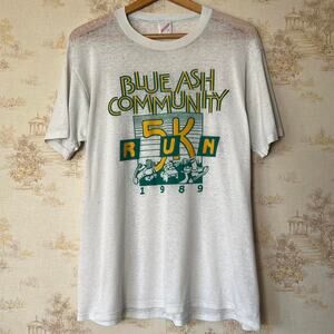 Vintage 1989 Blue Ash 5K Run T-Shirt | Threadbare White | Size L